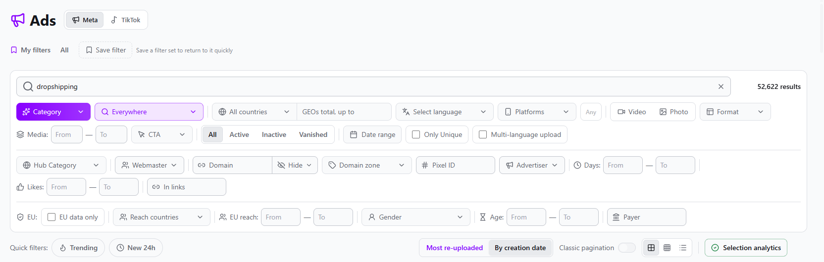Spytrend Pro Meta ad search for dropshipping showing 52,622 results